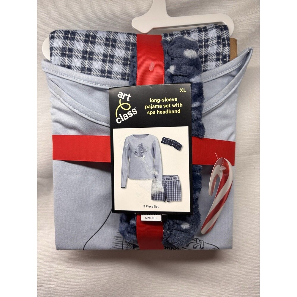 Art Class Girls Pajama Set XL Long Sleeve Sleepwear Spa Headband 3 Pc NWT